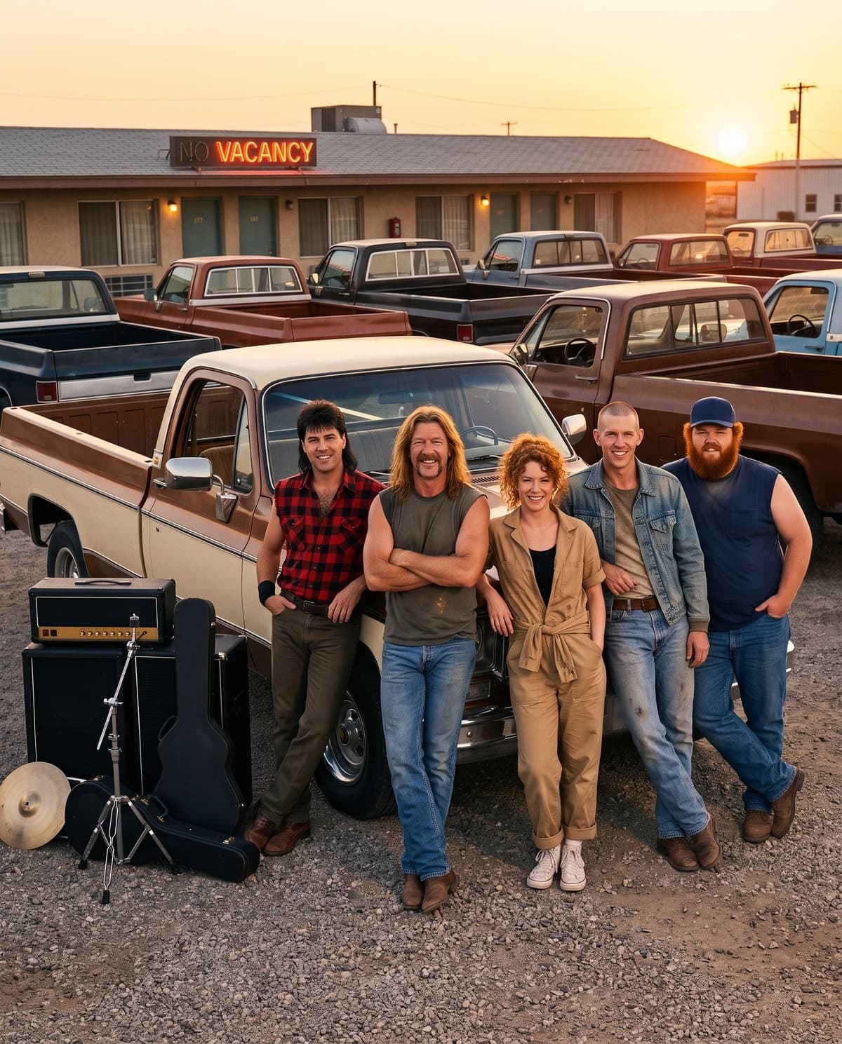 The band leaning on a two-tone pickup truck in a gravel motel parking lot full of pickups at sunset, a NO VACANCY sign lit on the roof, amplifier and guitar cases on the ground