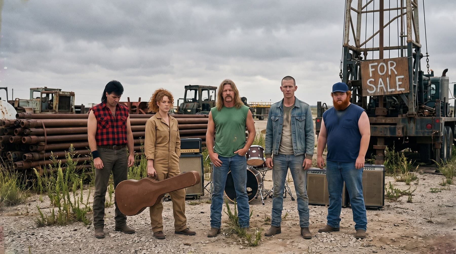 The band standing in a weedy equipment yard under an overcast sky, stacks of idle pipe behind them and a FOR SALE sign hung on a stacked rig