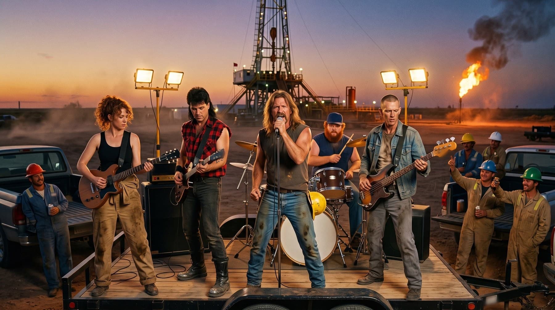 The five members of the band playing on a flatbed trailer on an oil lease at dusk, a lit drilling rig and a gas flare behind them, rig hands in hard hats and coveralls watching from their pickups
