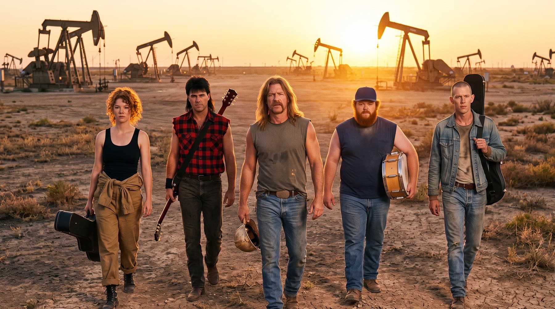 The five band members walking toward the camera across dry ground through a field of pumpjacks at sunset, carrying guitar cases, a snare drum and a hard hat