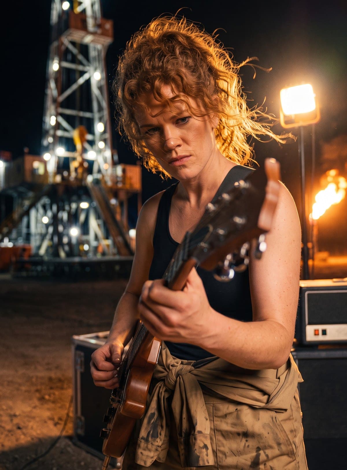 Rhonda Pike playing electric guitar at night under a work light, a lit drilling rig and a gas flare behind her