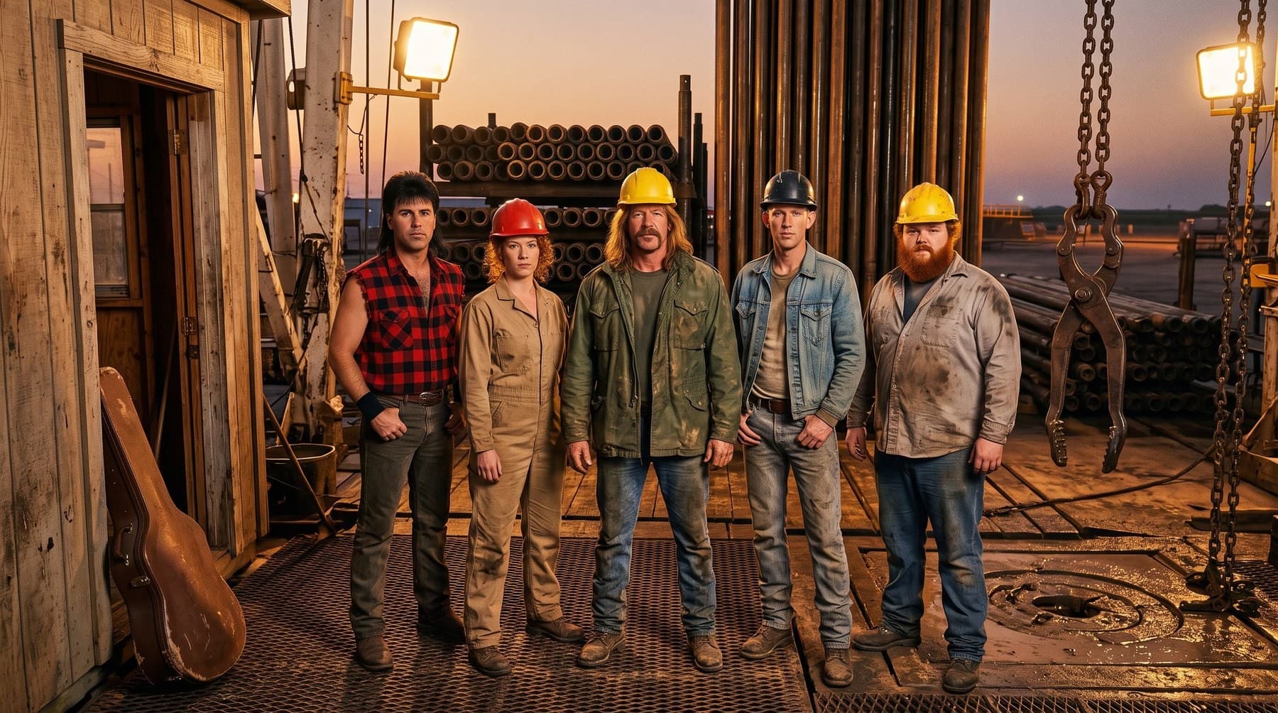 The band in hard hats and work clothes on a drilling rig floor at dusk, pipe racked behind them, rig tongs hanging on chains, a guitar case leaning by the doghouse door